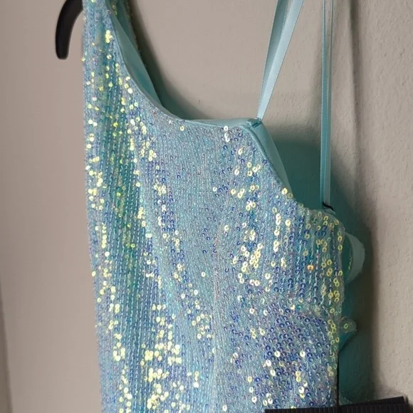 Ieena For Mac Duggal Gown Womens Size 0 Icey Blue Dress Sequined One Shoulder - Picture 8 of 15